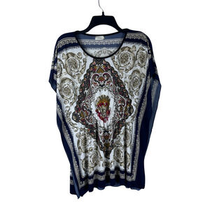 Victoria Mock Scarf Print Short‎ Sleeve Elastic Waist Blouse - Size Approx. Med